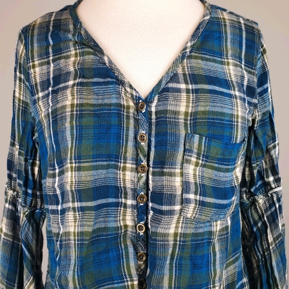Plaid Tie Front Flare Sleeve Top - Picture 2 of 8